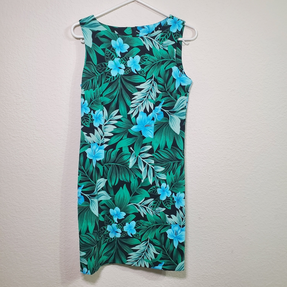 AB Studio Green Blue Floral Aloha Hawaii Midi Sleeveless Womens Dress 8